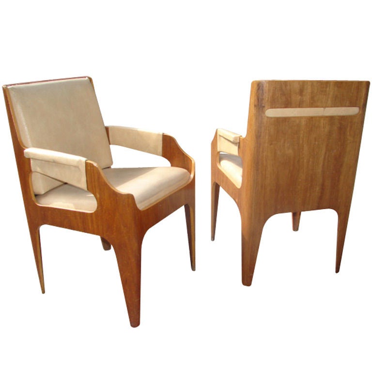Rare Pair of British Mid-Century Molded Mahogany Chairs by John Wright