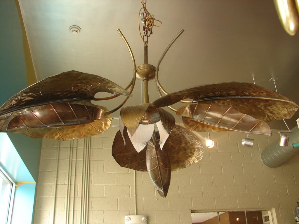 Pair of elephant ear brass chandeliers