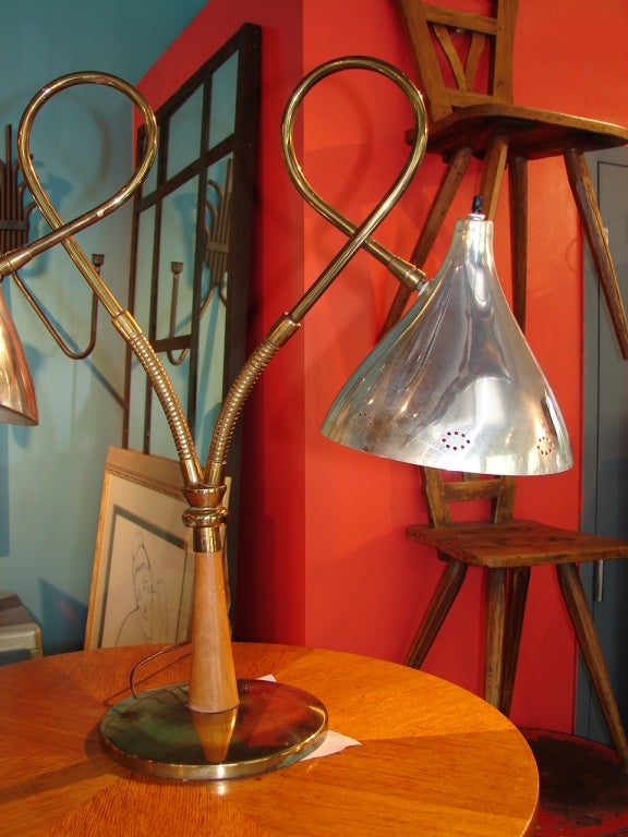 Wood, brass and aluminium two-light adjustable desk lamp, pierced shades