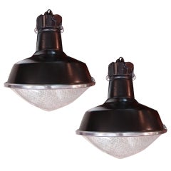 Pair of Large French Factory Lights with Original Glass