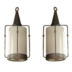 Pair of Large Hammered Metal and Glass Pendant Lights