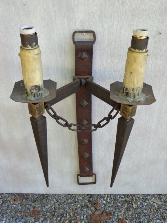 Four Large Scale Leather Strap Sconces