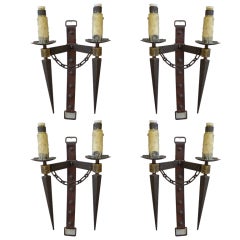 Four Large Scale Leather Strap Sconces