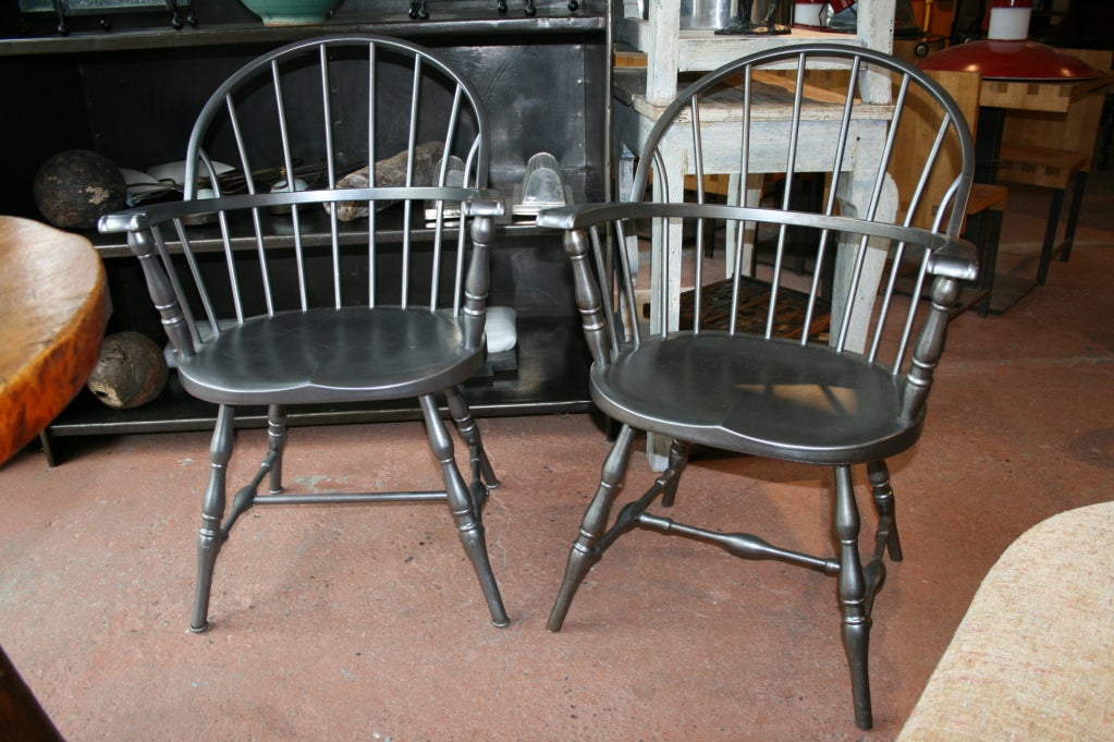 Pair of heavy and substantial steel or iron windsor chairs, new paint finish
