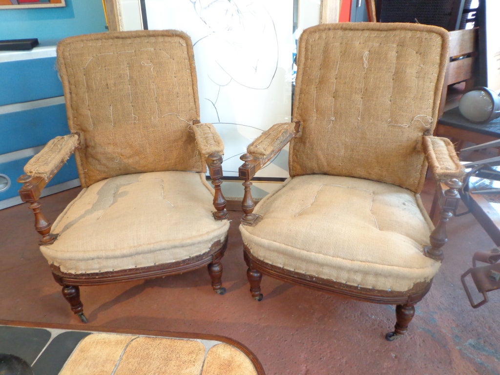 French Deconstructed Walnut Armchairs
