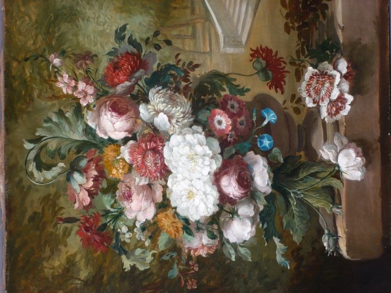 A pair of still lifes in oil, representing flowers in a vase in a landscape (original restoration)  Period giltwood frames.<br />
French School - circa 1820 <br />
Expert: Cabinet Turquin - Paris