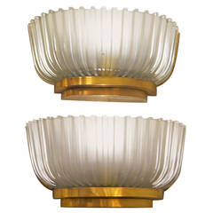 Pair of 1950s Italian Glass and Brass Sconces