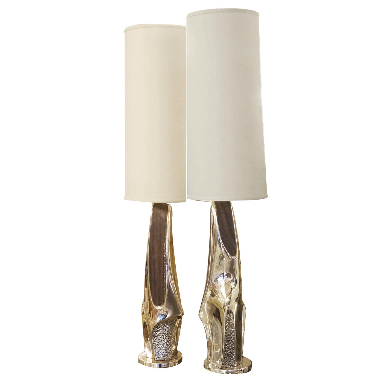 Pair of Brutalist Nickel-Plated and Wood Veneer Table Lamps by Laurel