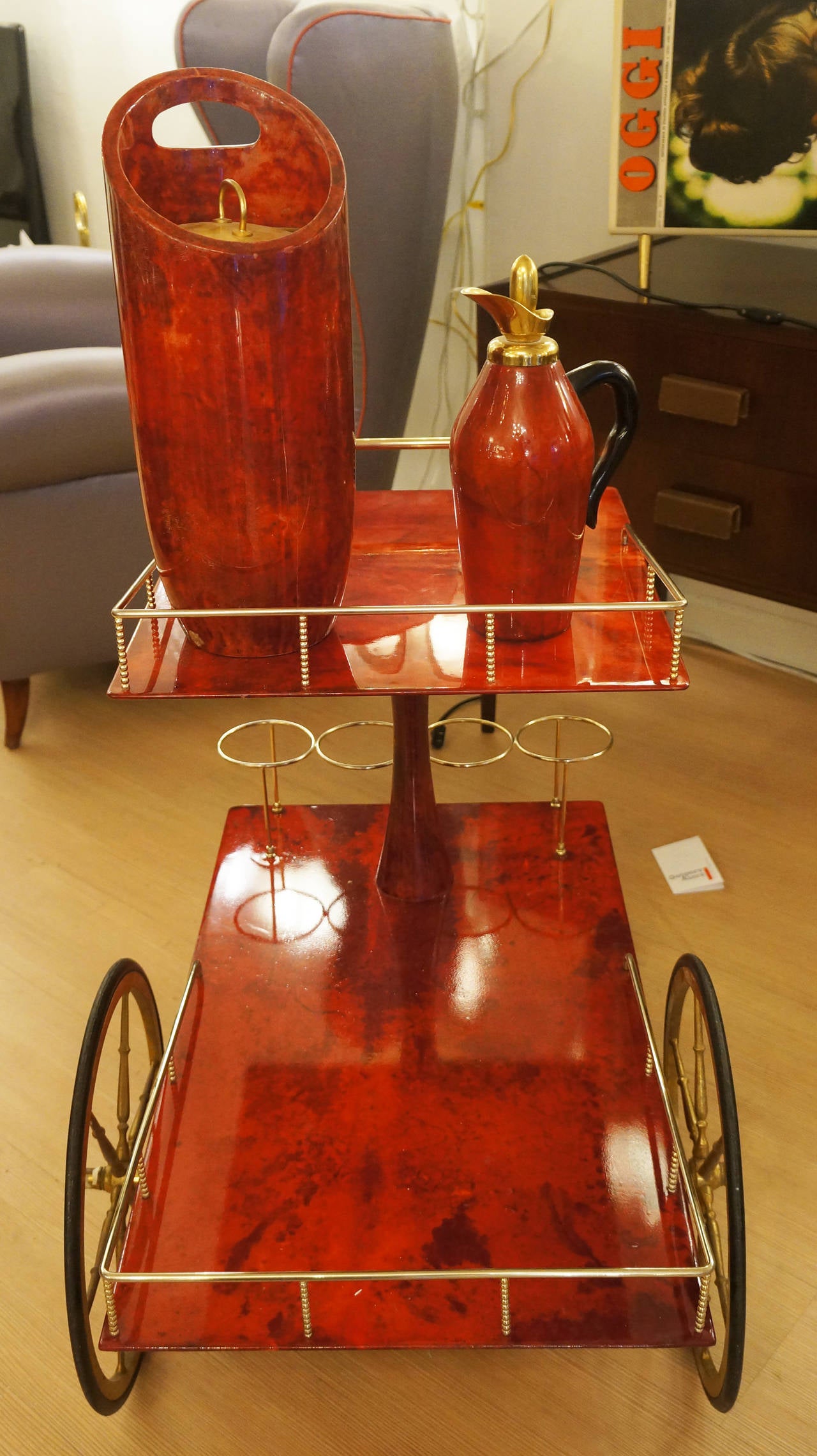 Colorful Parchment Clad Bar Cart with Accessories by Aldo Tura