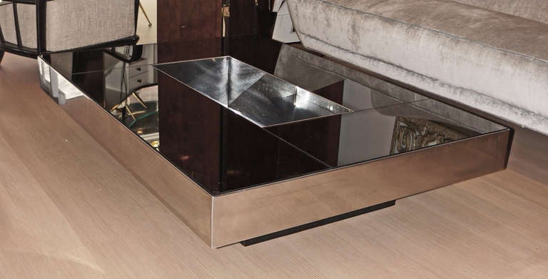 Mid-Century Modern Sleek Italian Steel And Dark Mirrored Glass Coffee Table