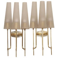 Pair of Italian 1950s Sconces Made of Brass and Frosted Glass