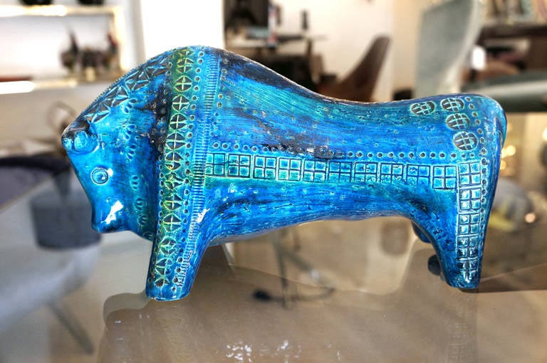 Mid-Century Modern Bitossi Rimini Blue Ceramic Bull, Italy, 1960s
