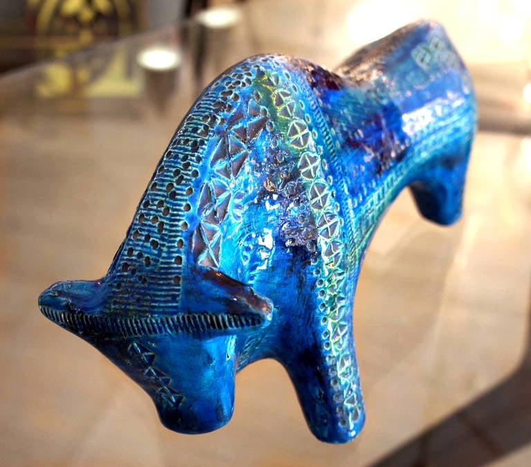 Italian Bitossi Rimini Blue Ceramic Bull, Italy, 1960s