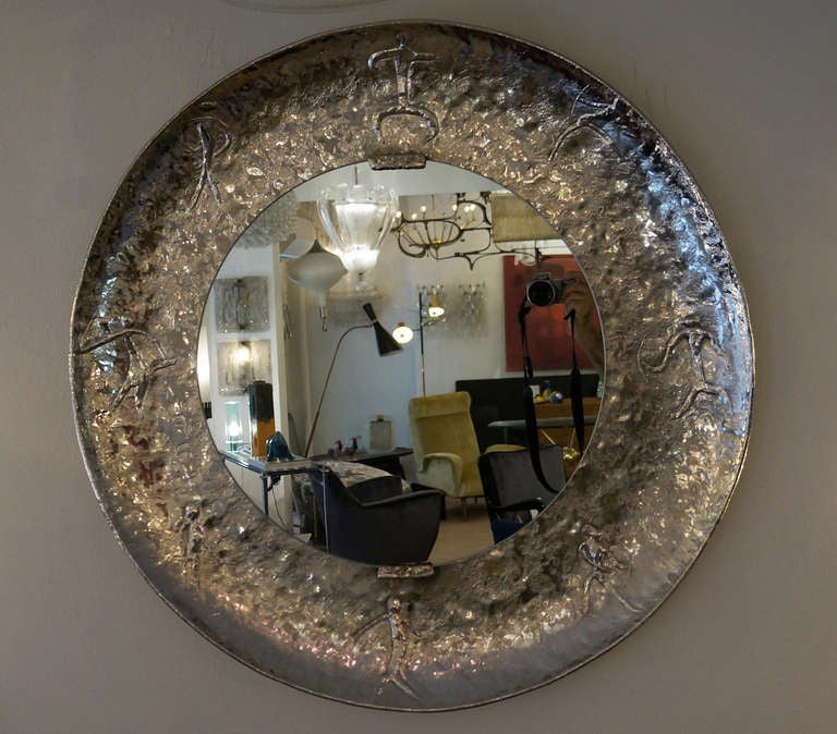 Mid-Century Modern Unique hand hammered nickel plated mirror by Bragalini