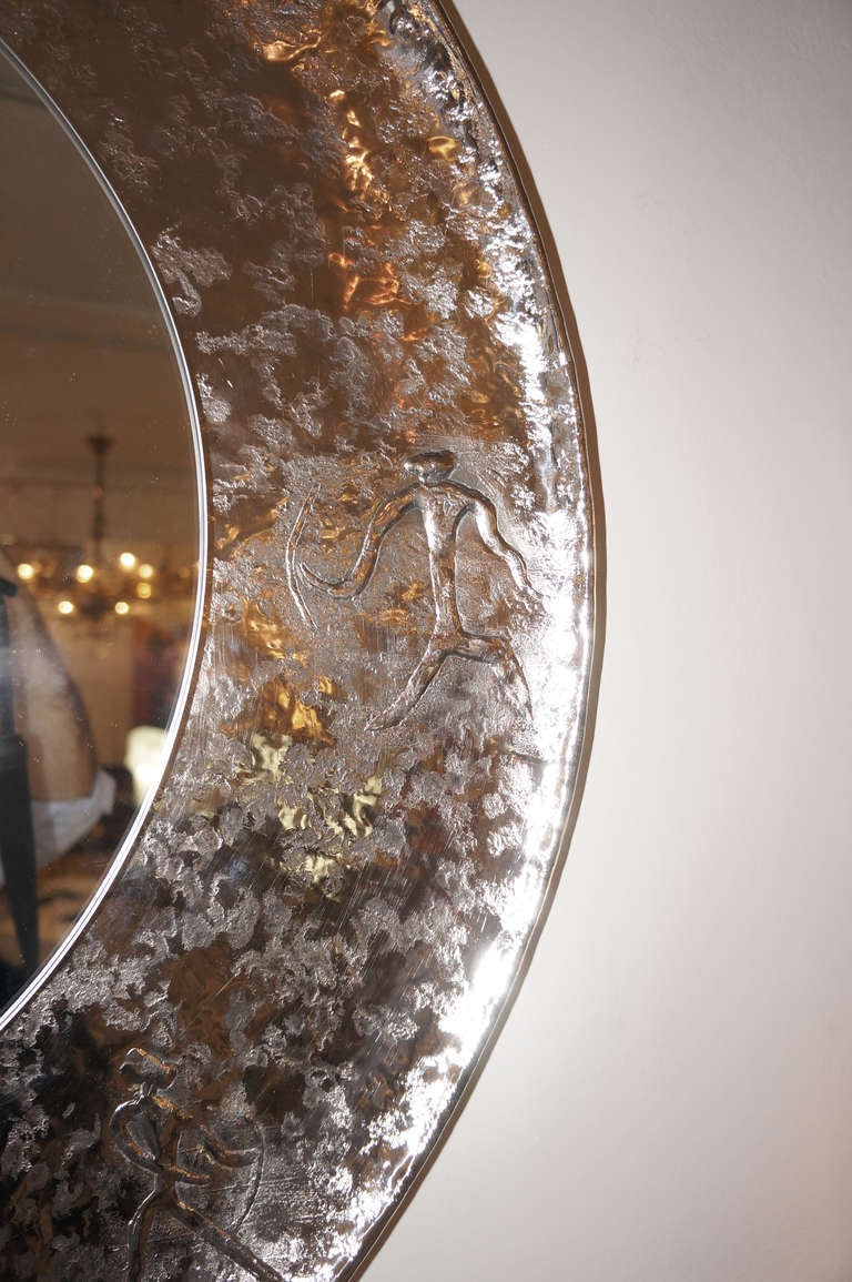 Unique hand hammered nickel plated mirror by Bragalini In Excellent Condition In New York, NY