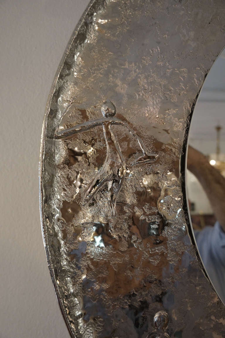 Italian Unique hand hammered nickel plated mirror by Bragalini