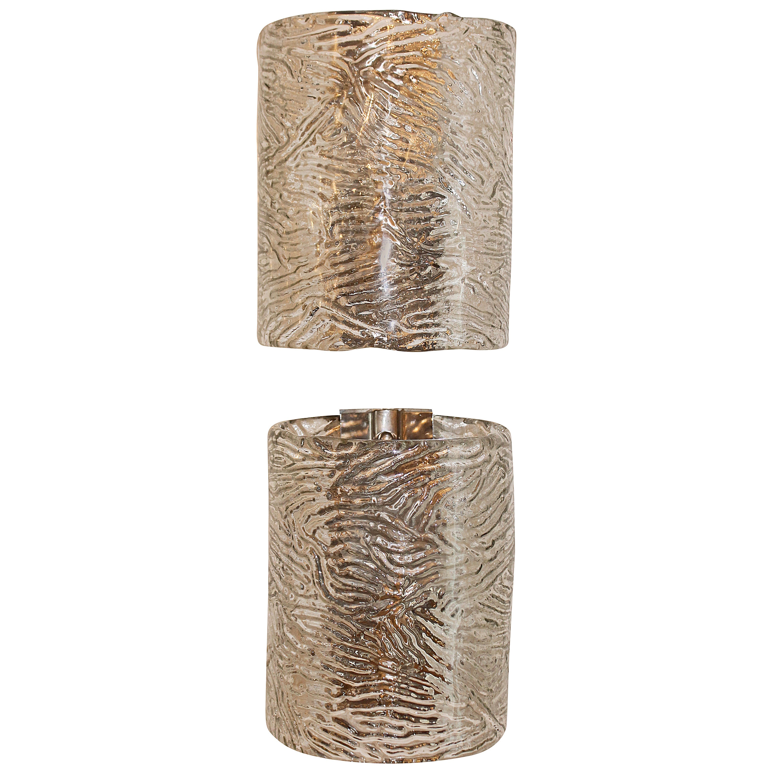 Pair of Large Murano Glass Cylindrical Glass Sconces, Italy 1960s
