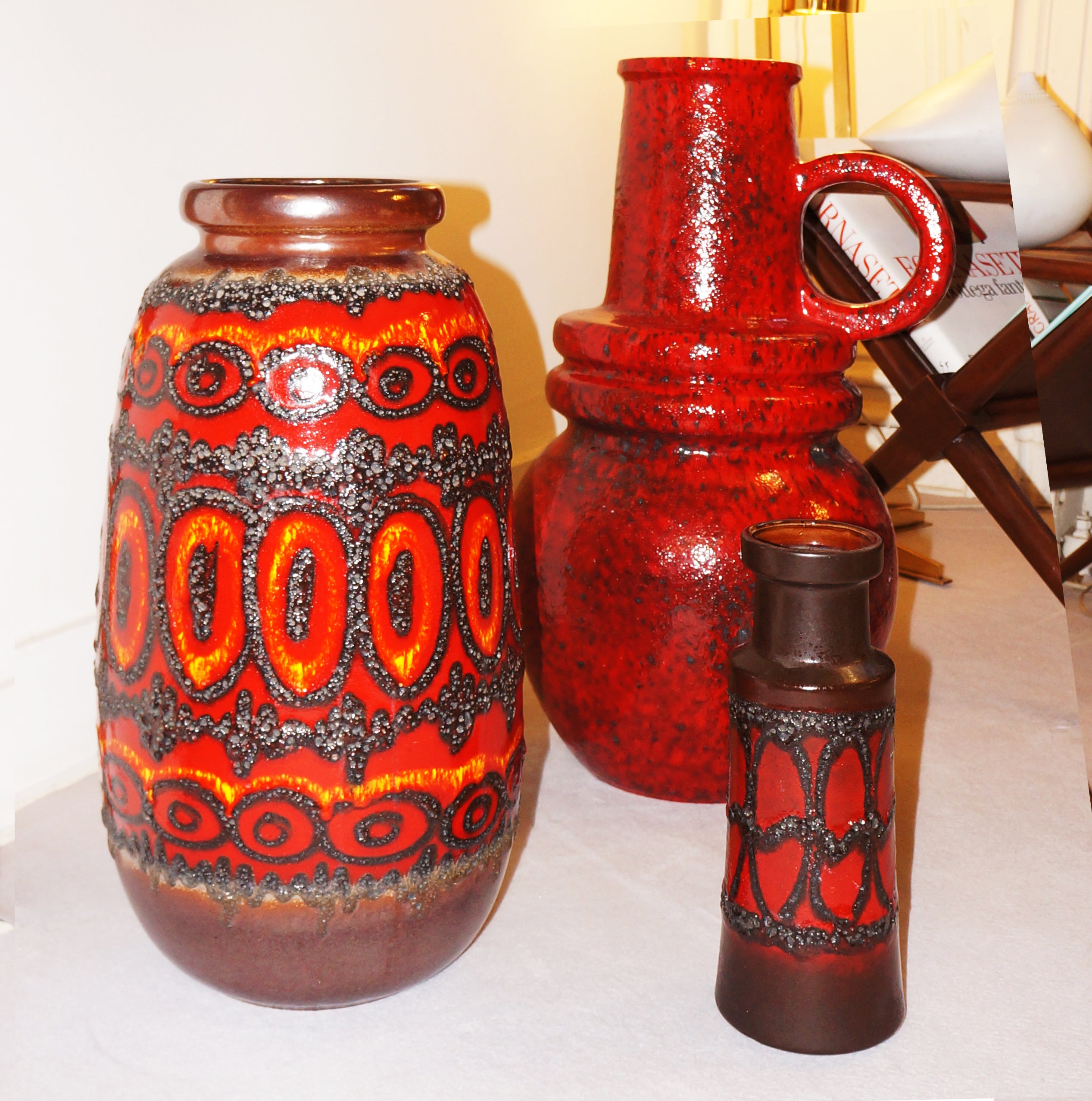 Trio of large 70's German pottery vases / umbrella stands by Scheurich Keramik