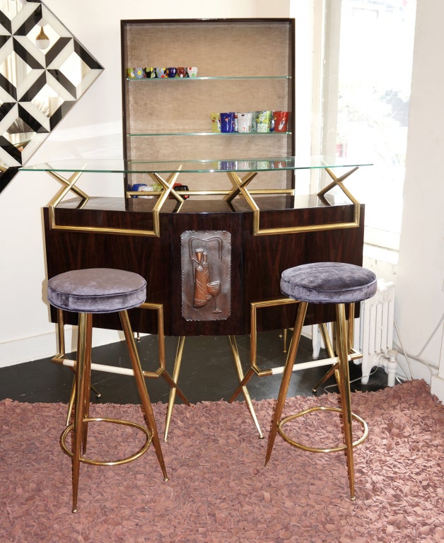 Italian 50's mohogany  bar counter, cupboard and stools set