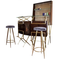 Italian 50's mohogany  bar counter, cupboard and stools set