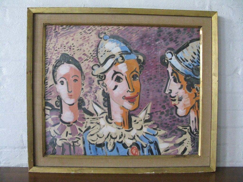 Gouache painting on paper of Harlequins by Dutch-American artist J.Schiefer. Sold as is.