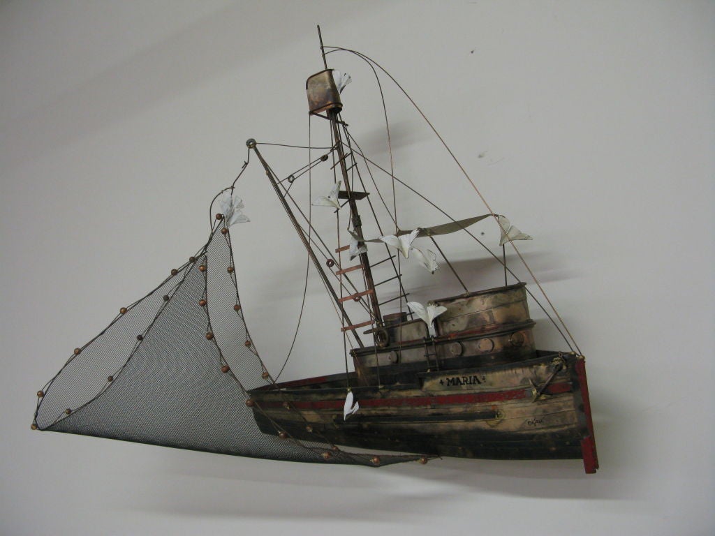 C. Jere signed metal MARIA fishing boat wall sculpture.