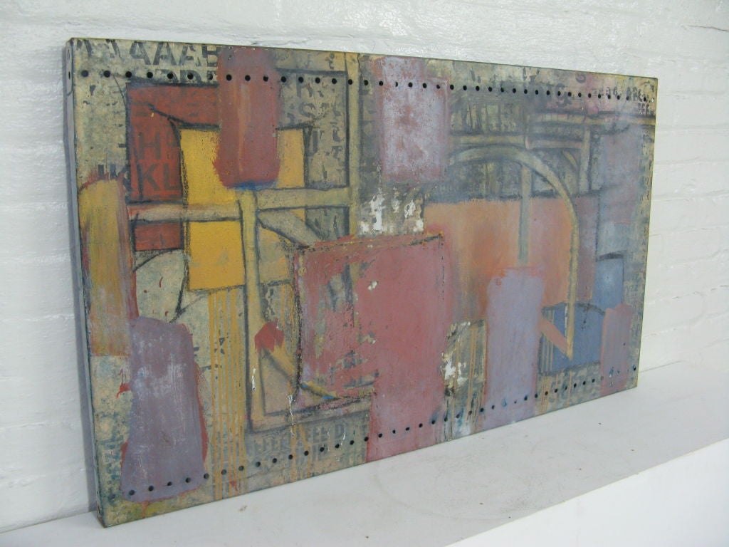 Funky art abstract mix media painting on industrial metal shelf.