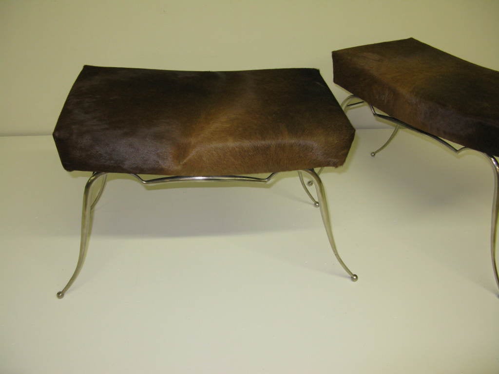 Great looking pair of custom French stainless steel frame and pony skin benches in the classic style of Maison Jansen.