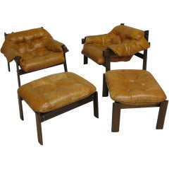Pair of Brazilian Lounge Chairs with Ottomans