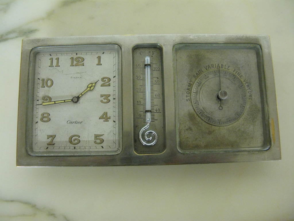 Beautiful vintage silvered Cartier desk clock and barometer.
