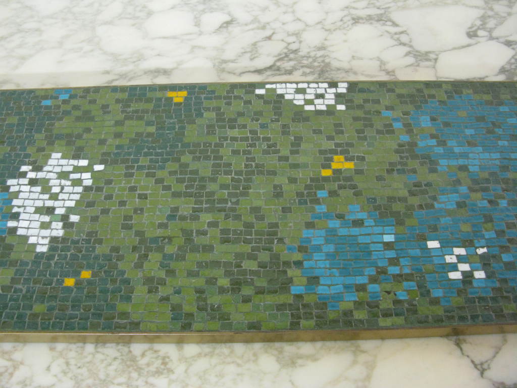 Very attractive abstract colored mosaic tesserae top tray with bronze mountings in the style of E.Wormley.