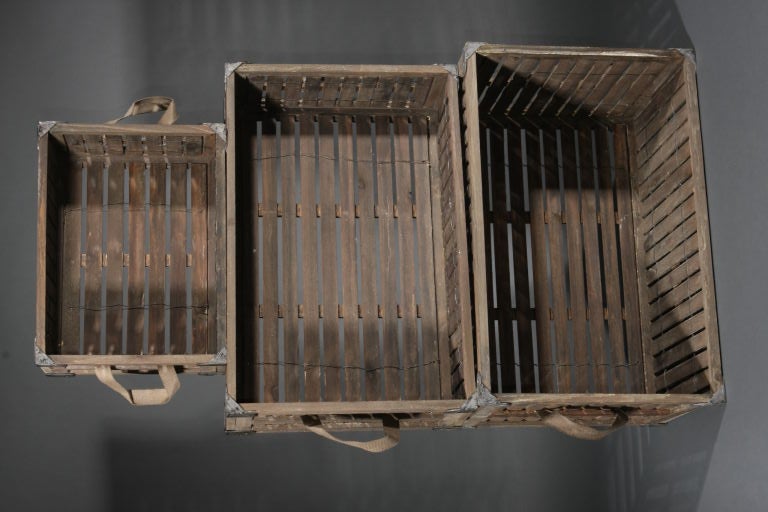 Set of 3 wooden carrying crates, in different sizes. Great for storage or as shelves. <br />
Largest Crate-  22