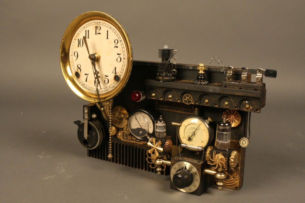 Fantastic operational clock sculpture, made with all vintage elements. Working mechanism. Unique and intriguing.