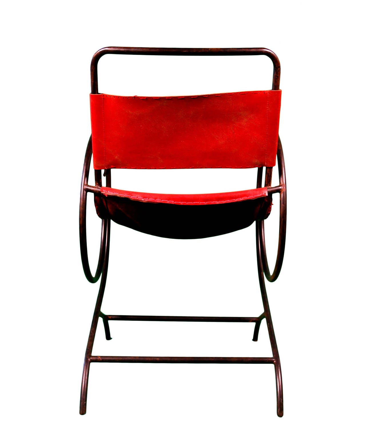These are a whimsical set of two curbed metal chairs. The chairs are upholstered in a perfectly distressed red cowhide leather which is incredibly stylish and comfortable. 

These chairs can be completely customized so if you think they'd be