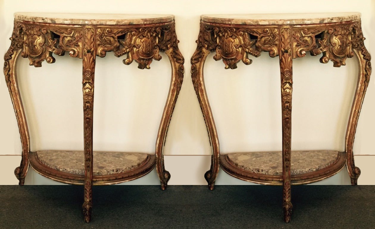 Pair of 19th Century Carved Paint and Giltwood Italian Demilune Tables