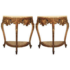 Pair of 19th Century Carved Paint and Giltwood Italian Demilune Tables