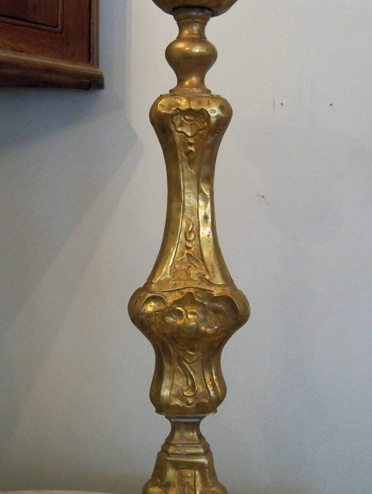 Two Similar Large Silvered Brass & Brass Mid-19th Century Church Candlesticks For Sale 3