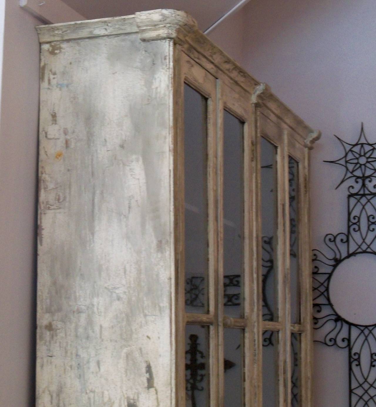 Italian 19th Century Wood Rustic Painted Cabinet with Paneled Doors of Glass and Brass For Sale