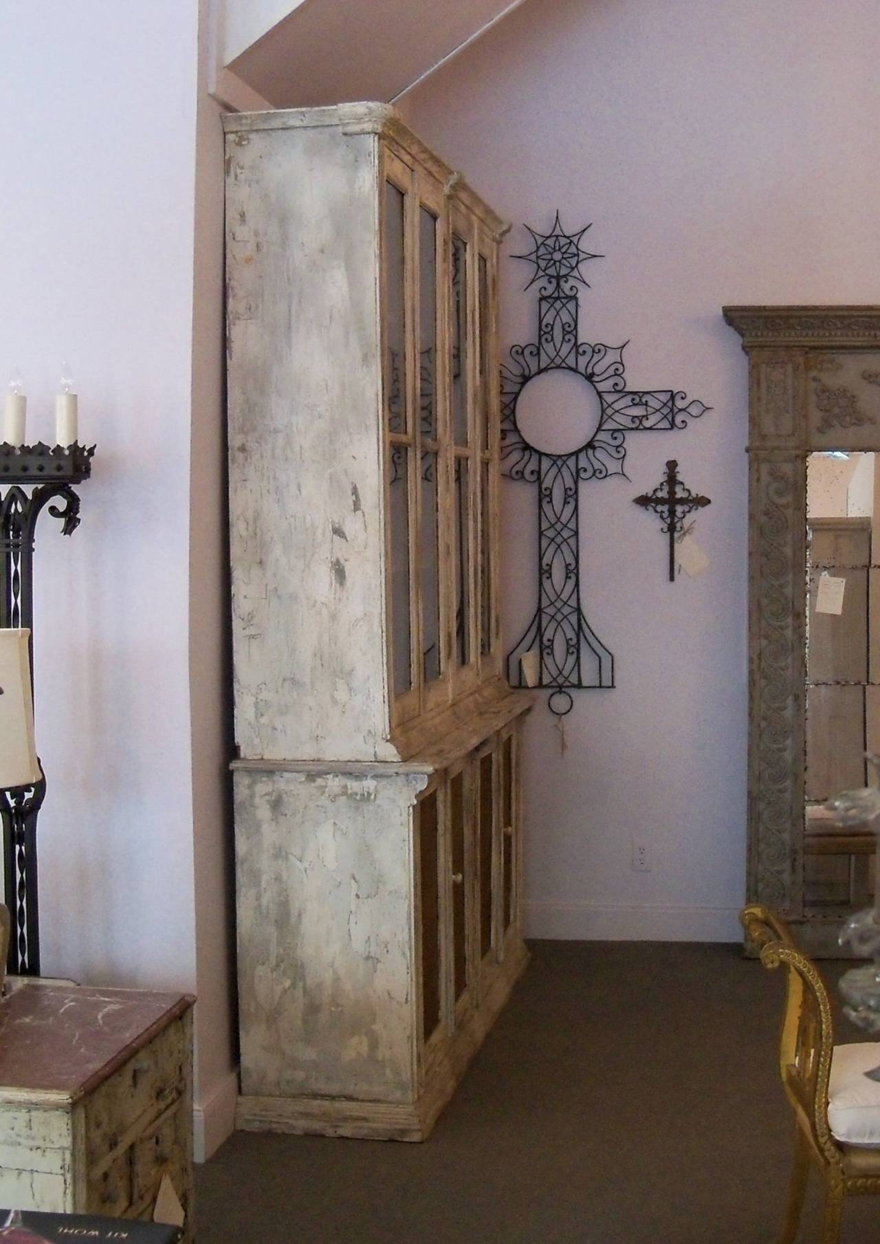 19th Century Wood Rustic Painted Cabinet with Paneled Doors of Glass and Brass