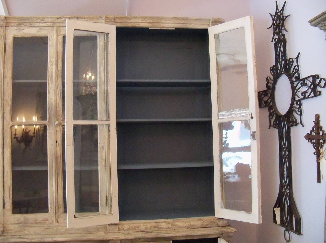 19th Century Wood Rustic Painted Cabinet with Paneled Doors of Glass and Brass For Sale 4