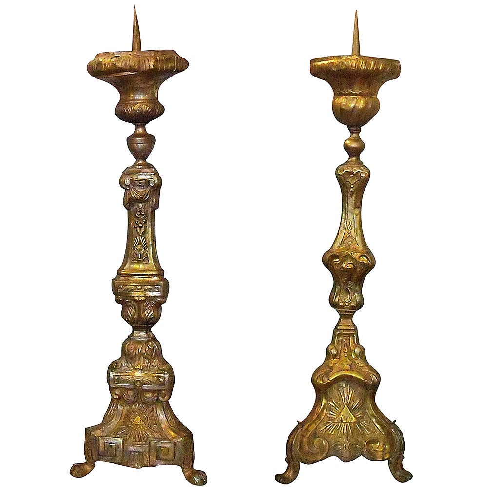 Two Similar Large Silvered Brass & Brass Mid-19th Century Church Candlesticks For Sale