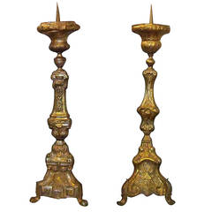 Two Similar Large Silvered Brass & Brass Mid-19th Century Church Candlesticks