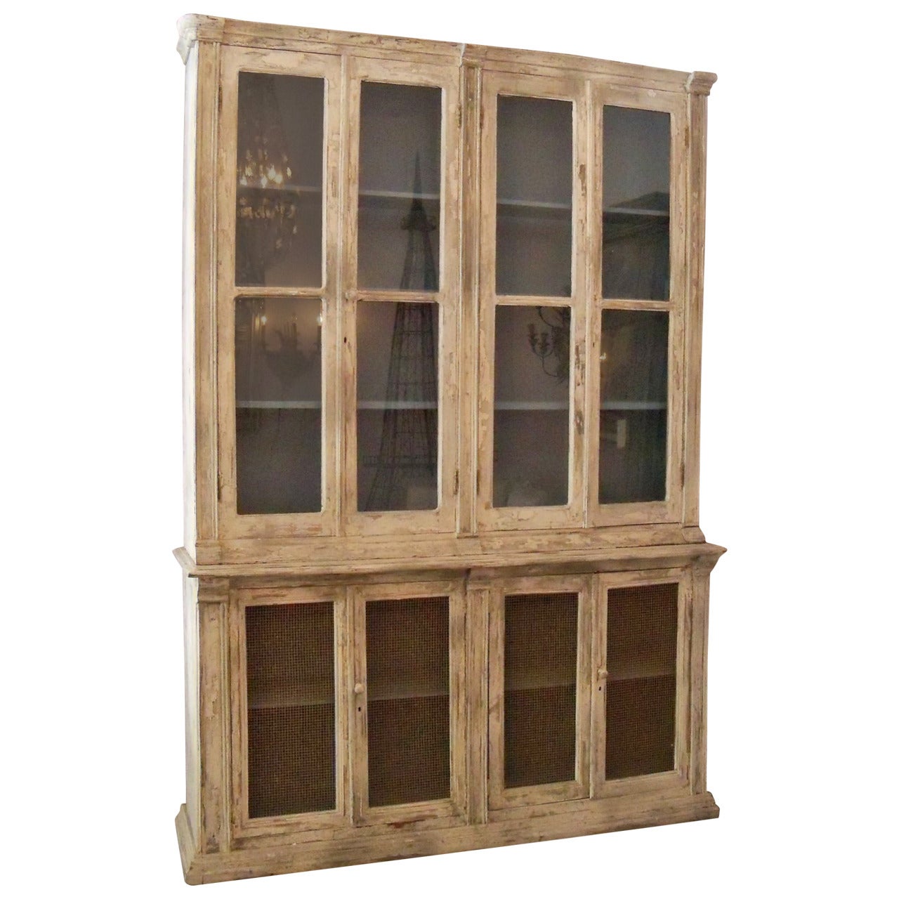 19th Century Wood Rustic Painted Cabinet with Paneled Doors of Glass and Brass For Sale