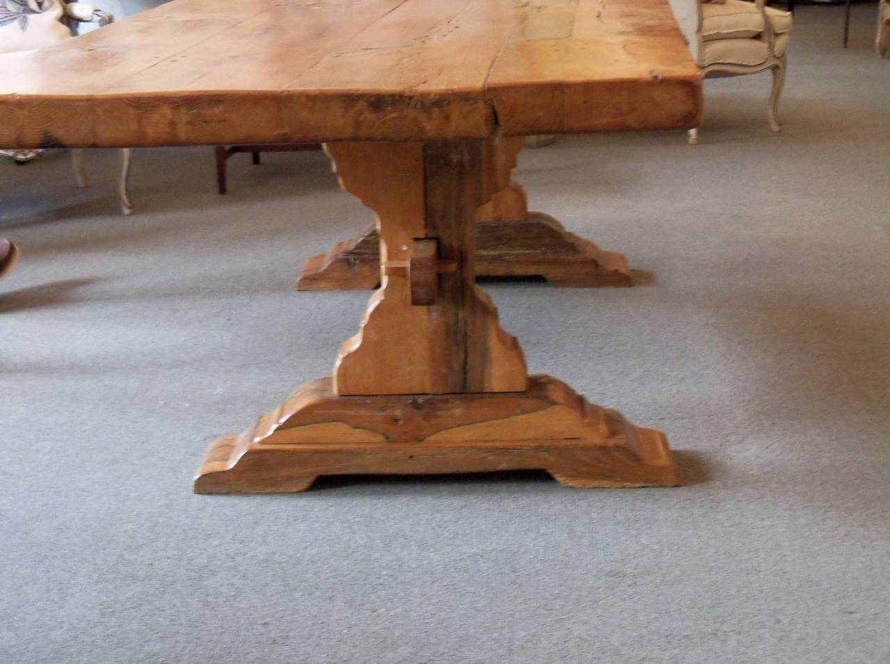 This lovely old French oak table is quite a substantial and impressive one. The very thick (2.5