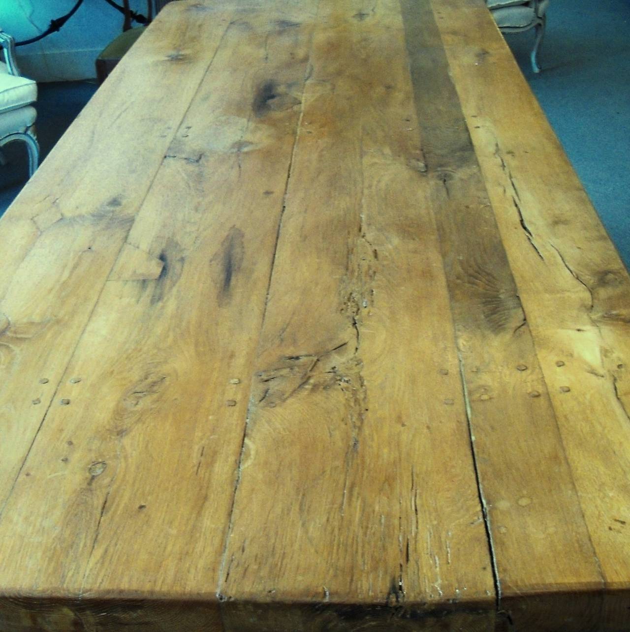 19th Century French Large Oak Trestle Table with Thick Solid Plank Top For Sale 5