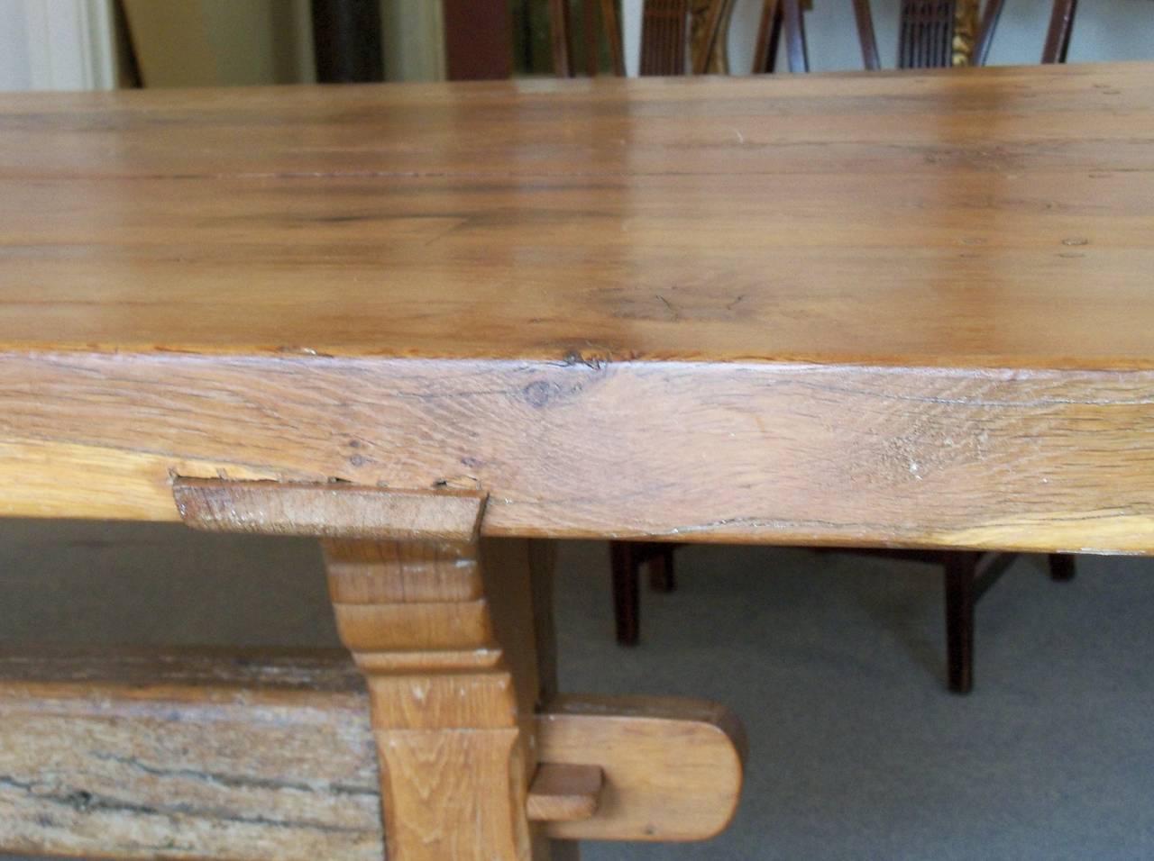 19th Century French Large Oak Trestle Table with Thick Solid Plank Top For Sale 4