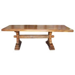 19th Century French Large Oak Trestle Table with Thick Solid Plank Top