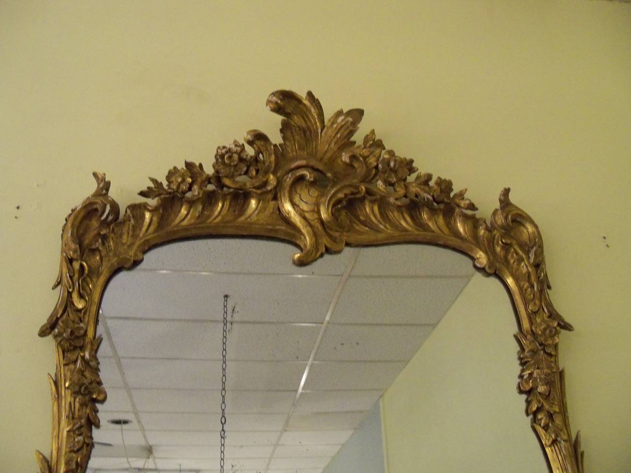 Exquisite circa 1920-1930 Maison Jansen French rococo style carved giltwood mirror.  This elaborately ornamented mirror with curving forms is embellished with shell, sheaves of wheat, floral and leaf motifs