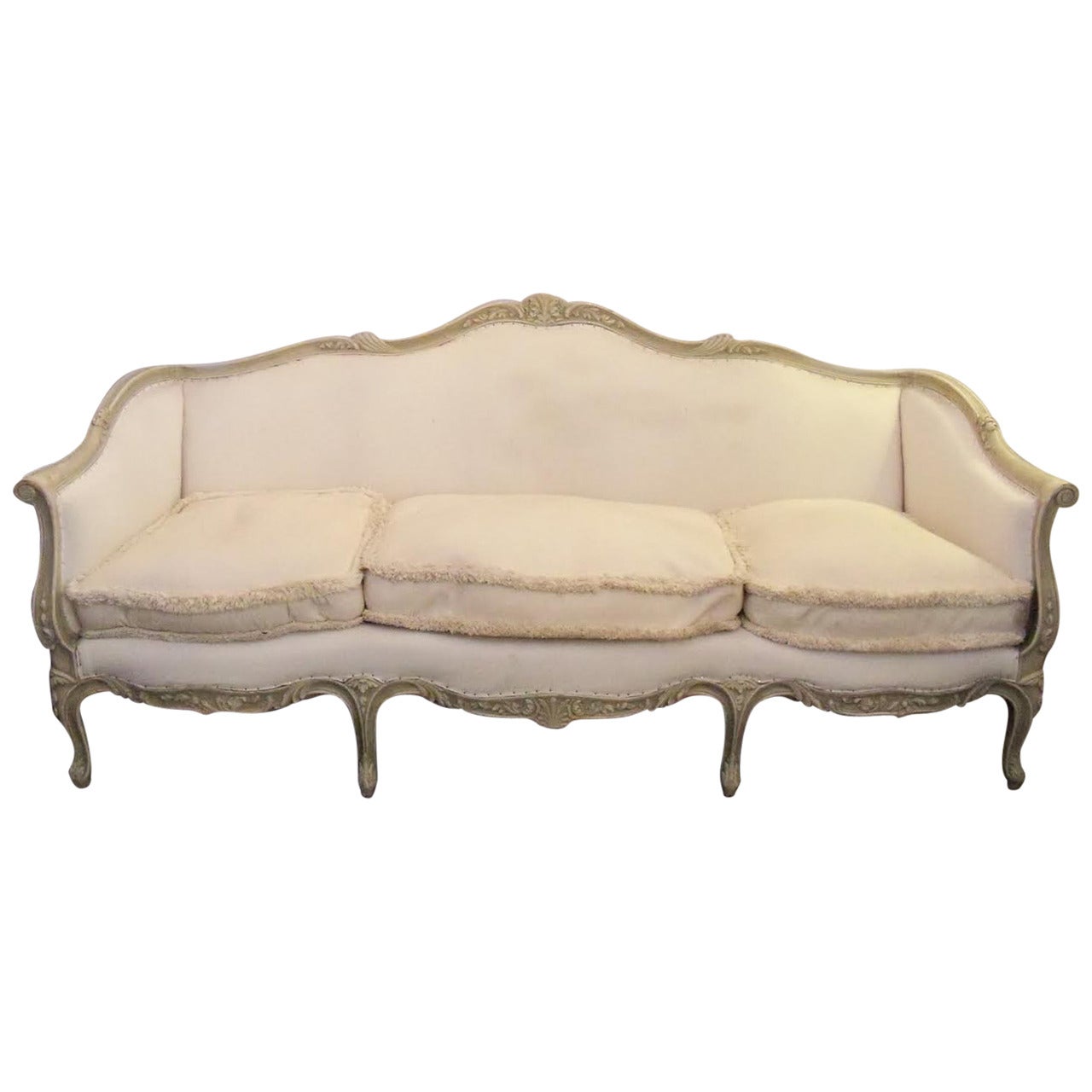 20th Century Maison Jansen Louis XV Style Carved Painted Wood Upholstered Sofa For Sale