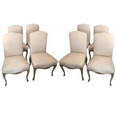 Set of Eight 20th Century Louis XV Style Carved Wood & Upholstered Dining Chairs